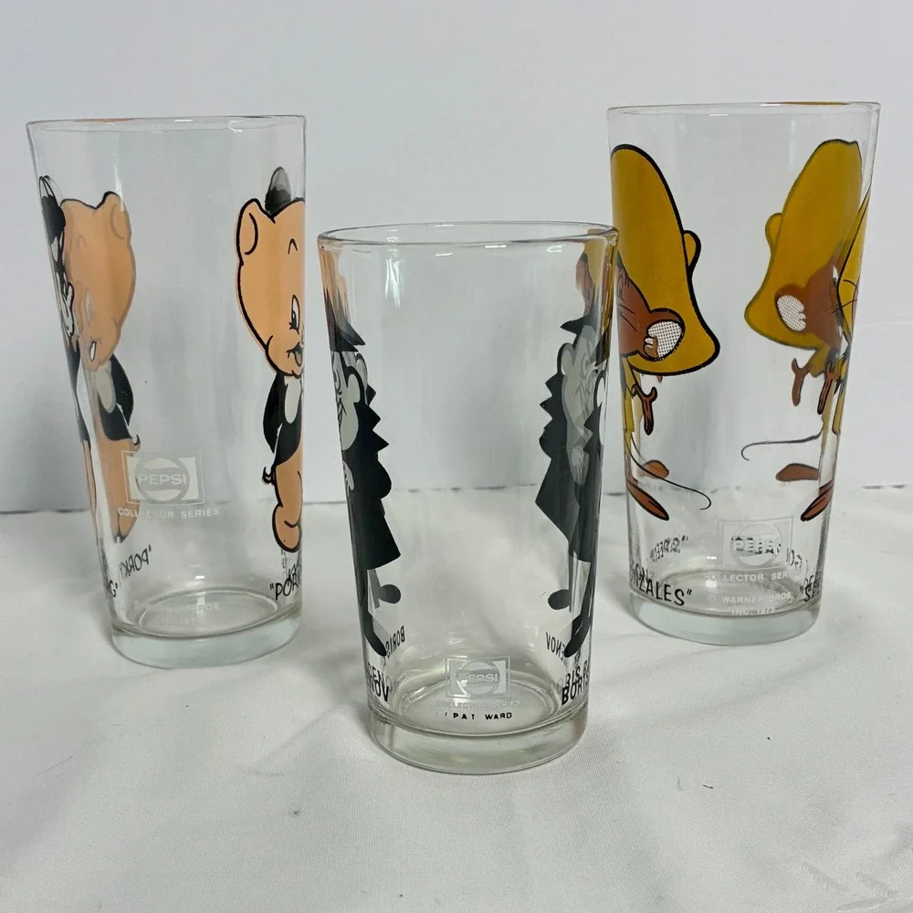 3 Vtg Pepsi Drinking Glasses 1973 Porky Pig Speedy Gonzales Boris Badenov Retro